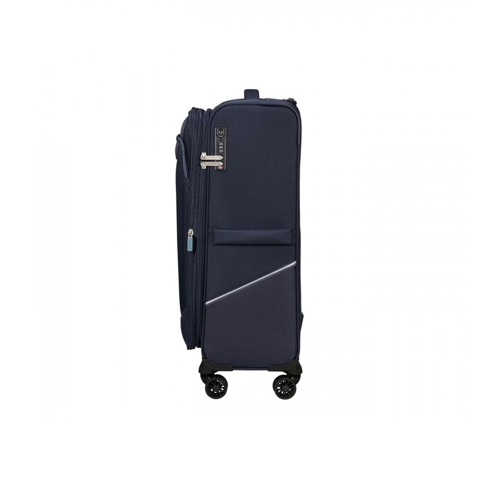 Large American Tourister SummerRide expandable spinner trolley with four wheels, unisex travel accessory, black with a handle