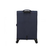 Large American Tourister SummerRide spinner trolley with expandable design, unisex travel accessory, wheels, and sturdy handle.