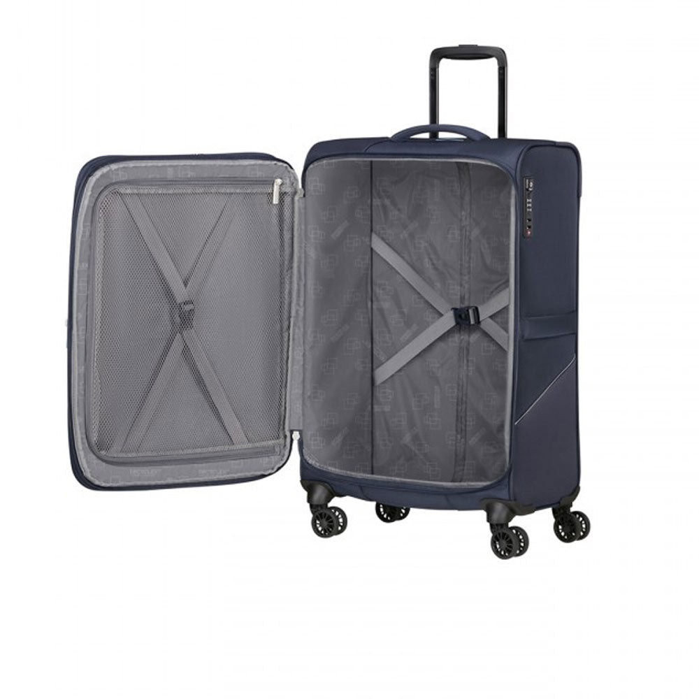 Large American Tourister SummerRide Spinner Trolley, expandable, unisex travel luggage with multiple wheels and sturdy handle.