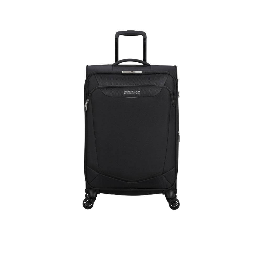 American Tourister Medio Summerride spinner expandable trolley with four wheels, unisex travel accessory, blue color, close-up view