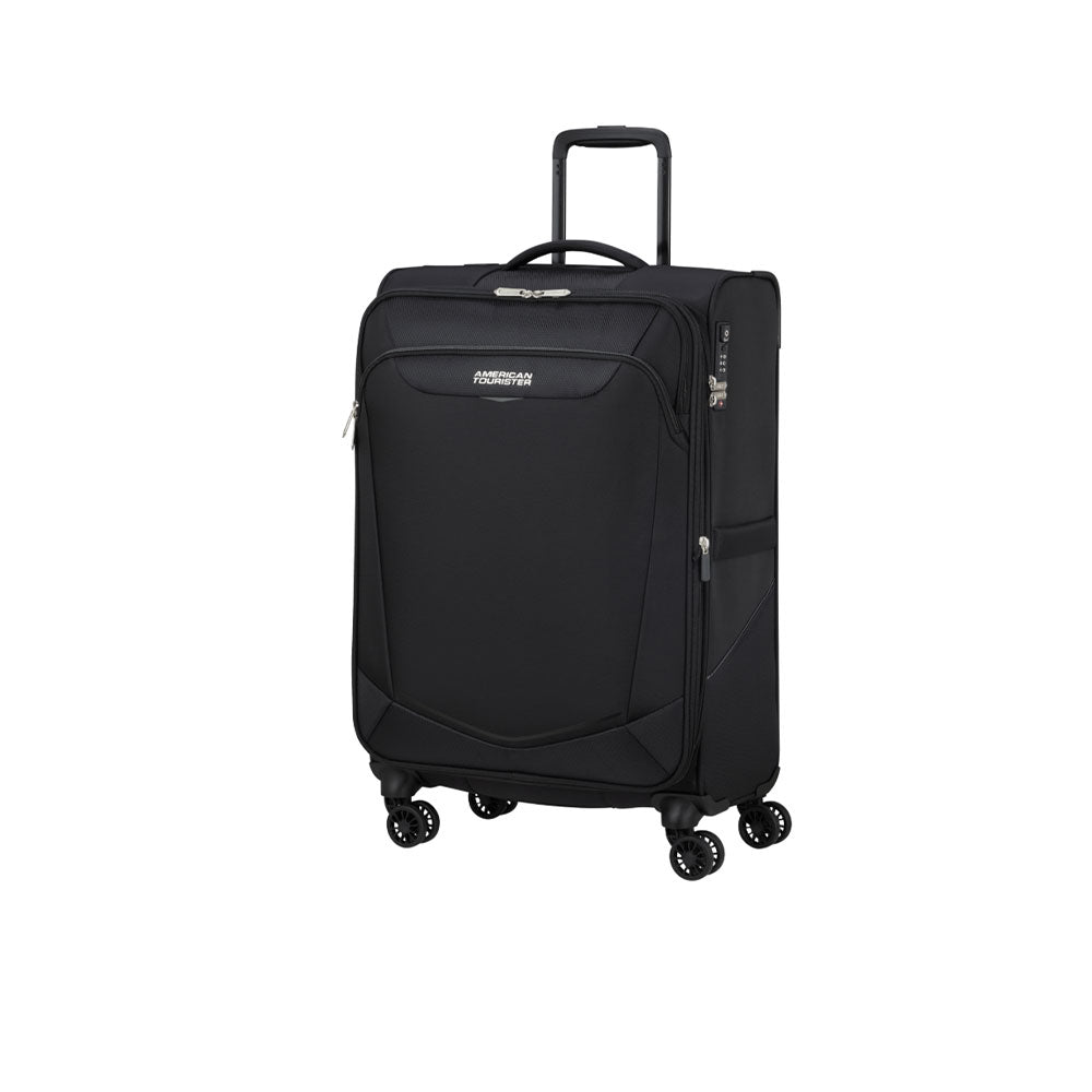 Unisex American Tourister Medio Summerride Spinner Trolley, expandable travel luggage with four wheels and modern design.