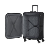 American Tourister Medio Summerride Spinner expandable trolley luggage with four wheels, unisex travel accessory in navy blue.