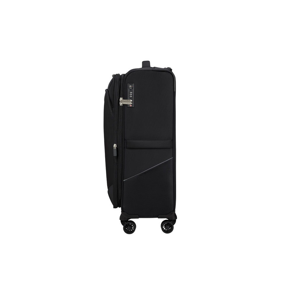 American Tourister Medio Summerride spinner expandable trolley with four wheels, unisex travel accessory, front view, gray color