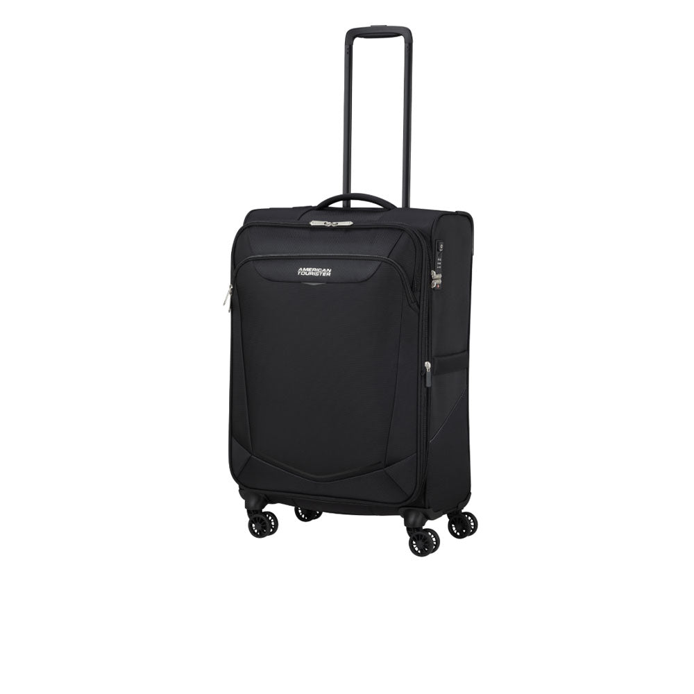 Unisex American Tourister Medio Summerride Spinner expandable travel trolley with four wheels and sturdy handle, black color.