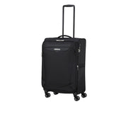 Unisex American Tourister Medio Summerride Spinner expandable travel trolley with four wheels and sturdy handle, black color.