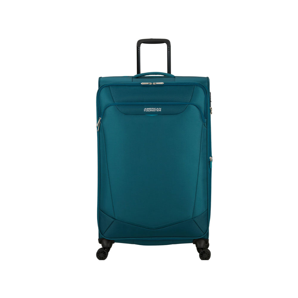 American Tourister Medio Summerride Spinner expandable trolley, unisex travel accessory with four wheels and a sleek design.