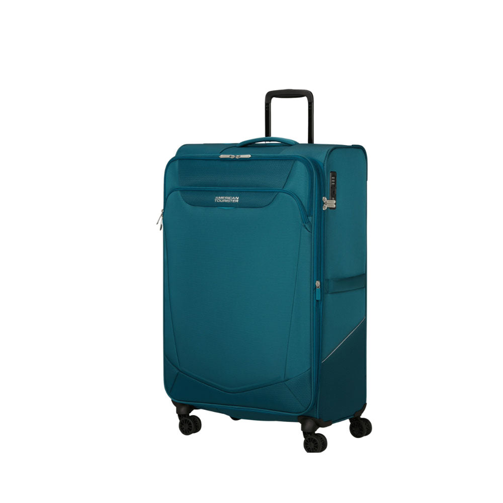 American Tourister Medio Summerride Spinner Trolley, expandable, unisex travel luggage with four wheels and modern design.