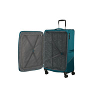 Unisex American Tourister Medio Summerride expandable spinner trolley for travel, with a sturdy design and multiple wheels.