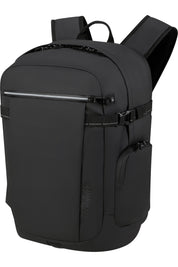 American Tourister Upventure backpack with 15.6-inch laptop compartment, unisex design, black fabric, multiple compartments, and padded straps.