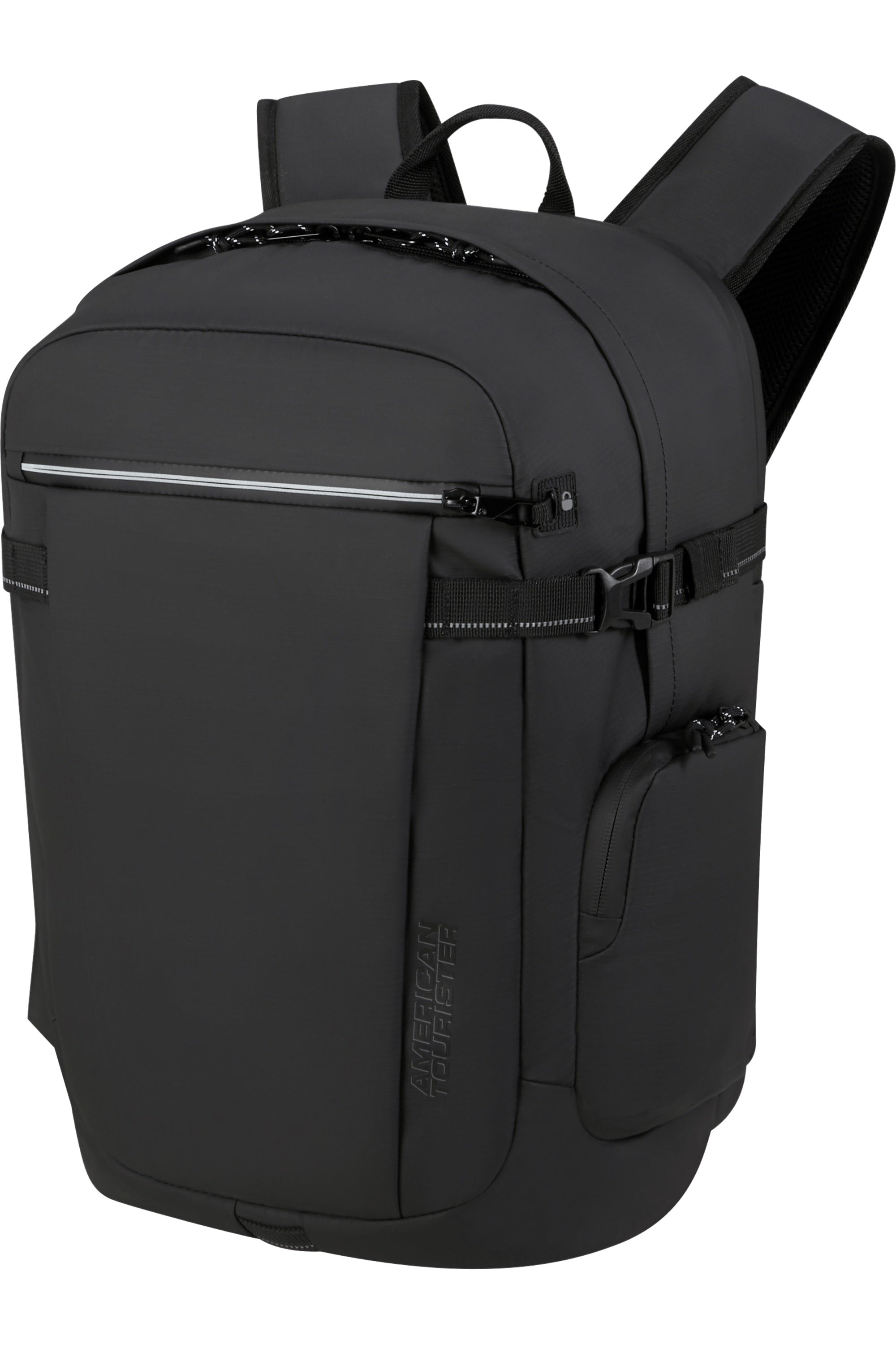American Tourister Upventure backpack with 15.6-inch laptop compartment, unisex design, black fabric, multiple compartments, and padded straps.