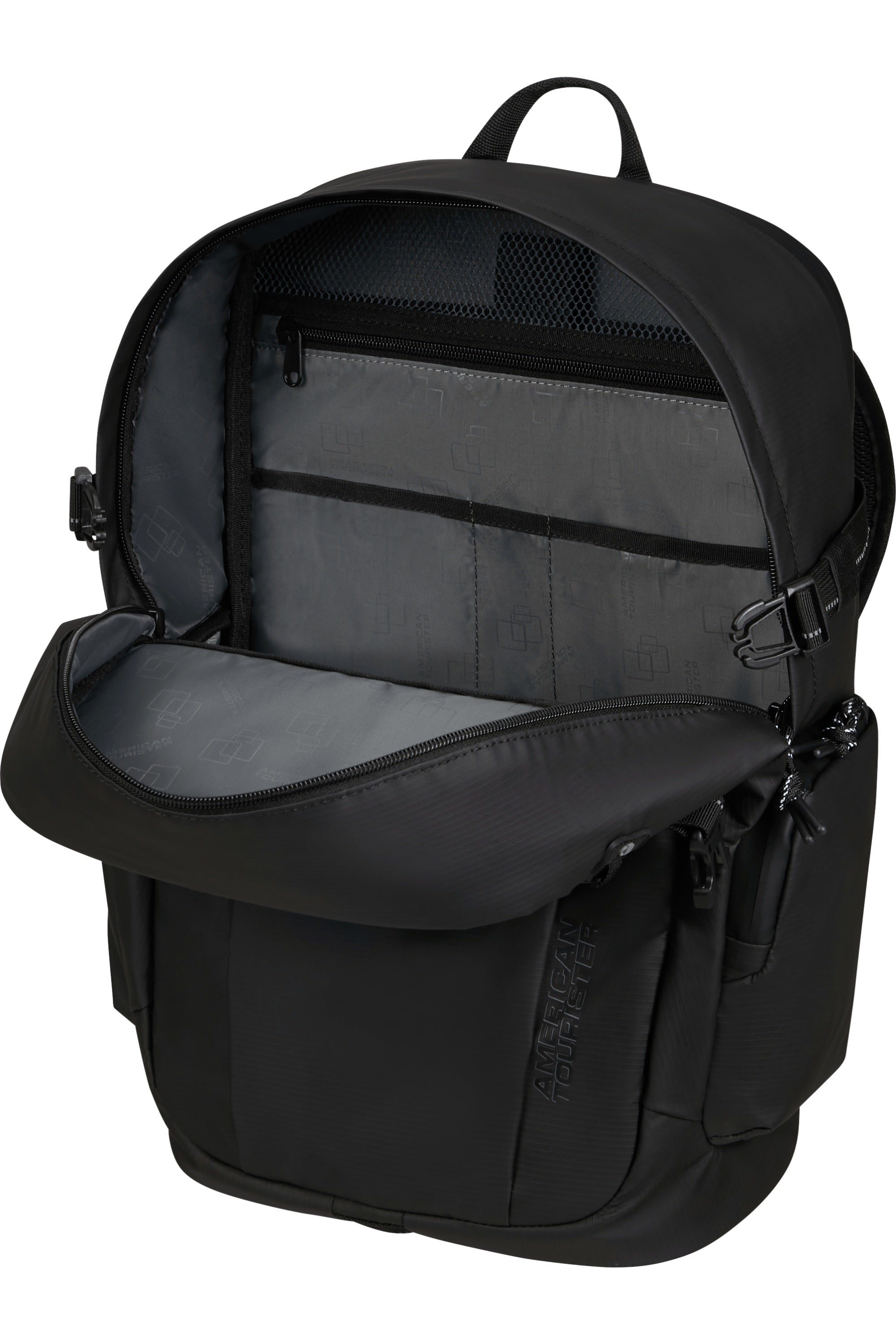 American Tourister Upventure backpack for 15.6-inch laptops, unisex design with multiple compartments and adjustable straps.