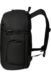 Unisex American Tourister Upventure Backpack with 15.6-inch laptop compartment and multiple zippered pockets, black color, front view.