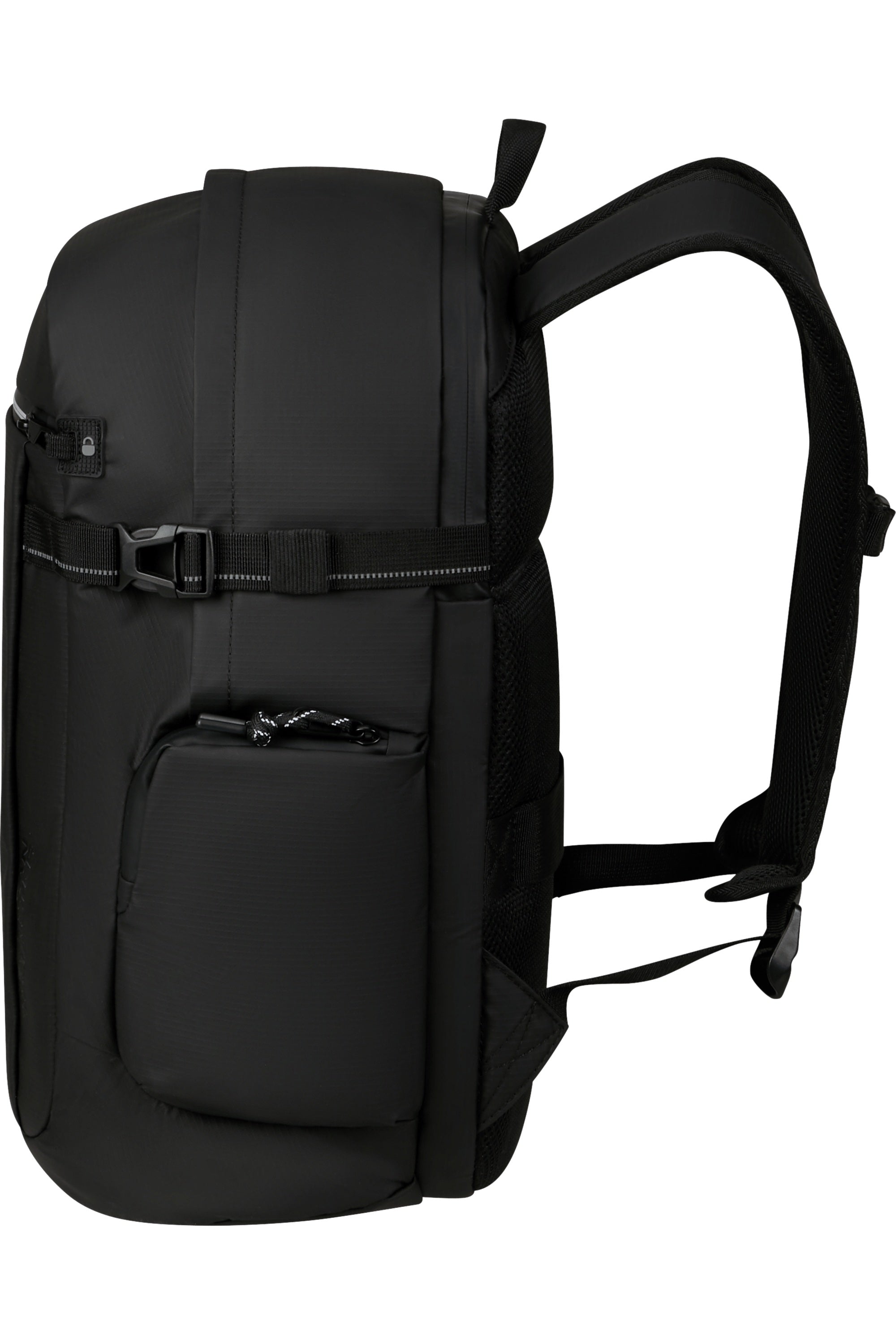 Unisex American Tourister Upventure Backpack with 15.6-inch laptop compartment and multiple zippered pockets, black color, front view.