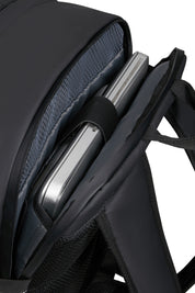 Unisex American Tourister Upventure backpack with 15.6-inch laptop compartment, durable black fabric, and adjustable straps.