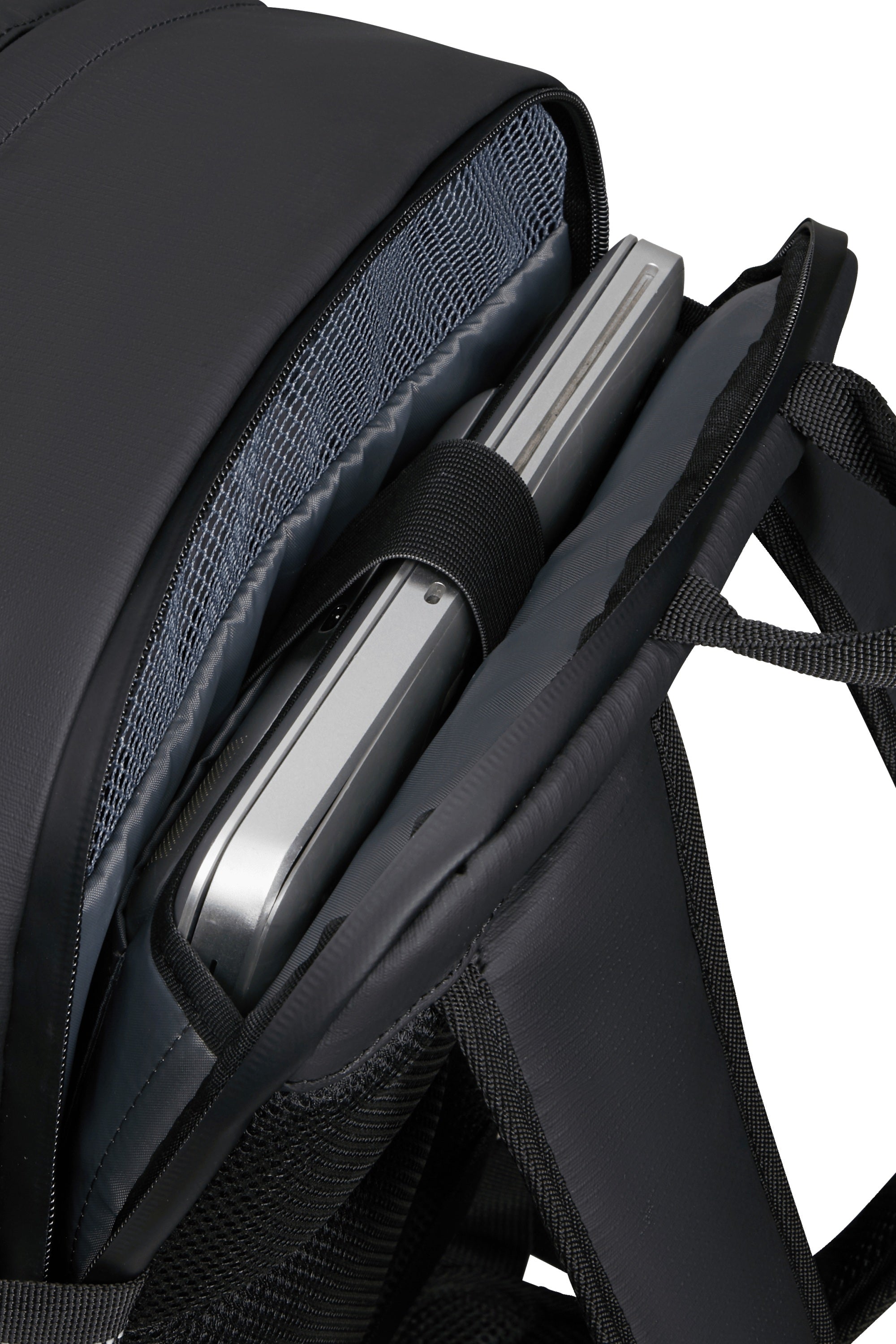 Unisex American Tourister Upventure backpack with 15.6-inch laptop compartment, durable black fabric, and adjustable straps.