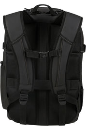 American Tourister Upventure backpack with 15.6-inch laptop compartment, unisex design, durable black fabric, multiple zippers and compartments.