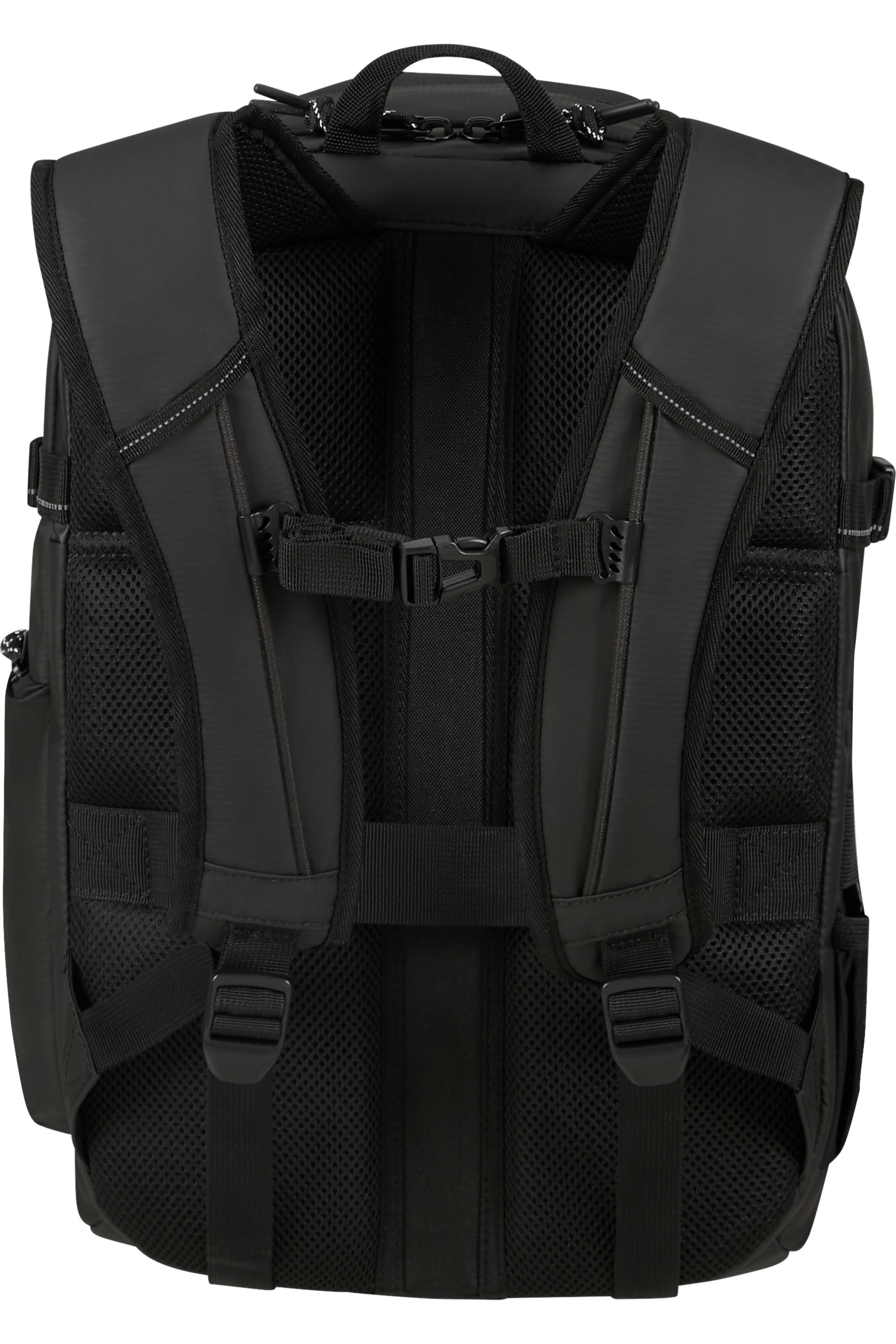 American Tourister Upventure backpack with 15.6-inch laptop compartment, unisex design, durable black fabric, multiple zippers and compartments.