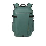 Unisex American Tourister Upventure Backpack with 15.6-inch laptop compartment, black nylon material, front zip pocket, and padded straps.