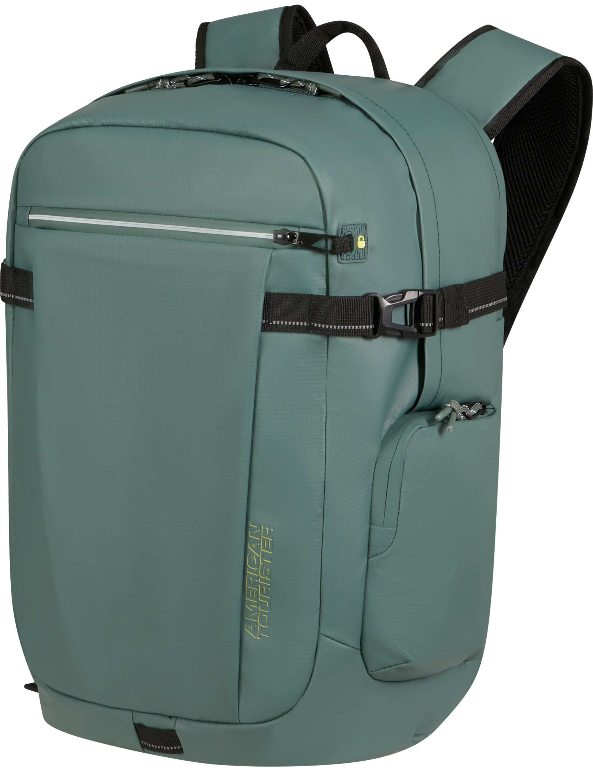 Unisex American Tourister Upventure backpack with 15.6-inch laptop compartment, black durable fabric, and multiple adjustable straps.