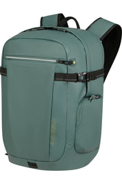 Unisex American Tourister Upventure backpack with 15.6-inch laptop compartment, black durable fabric, and multiple adjustable straps.