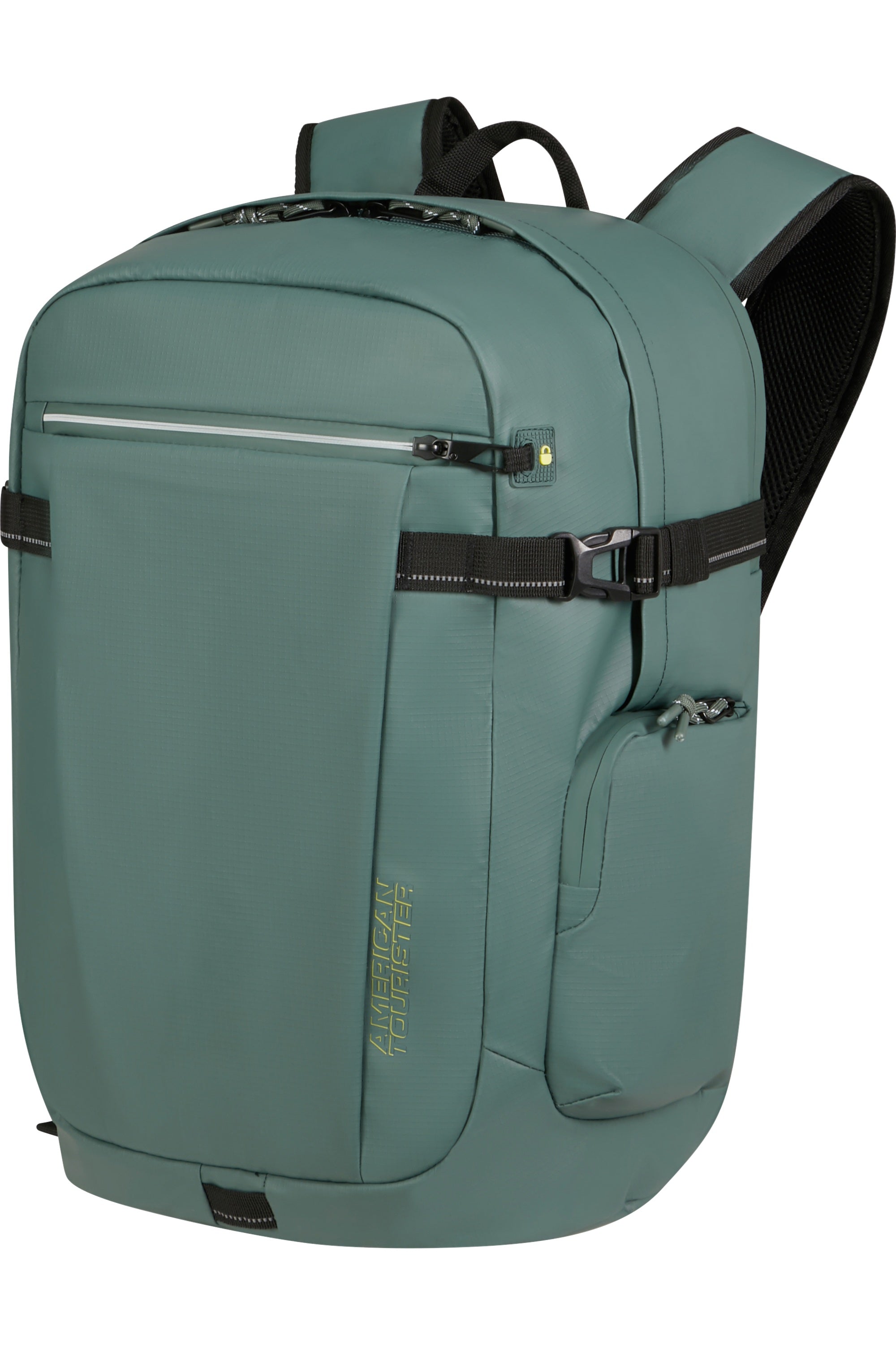 Unisex American Tourister Upventure backpack with 15.6-inch laptop compartment, black durable fabric, and multiple adjustable straps.