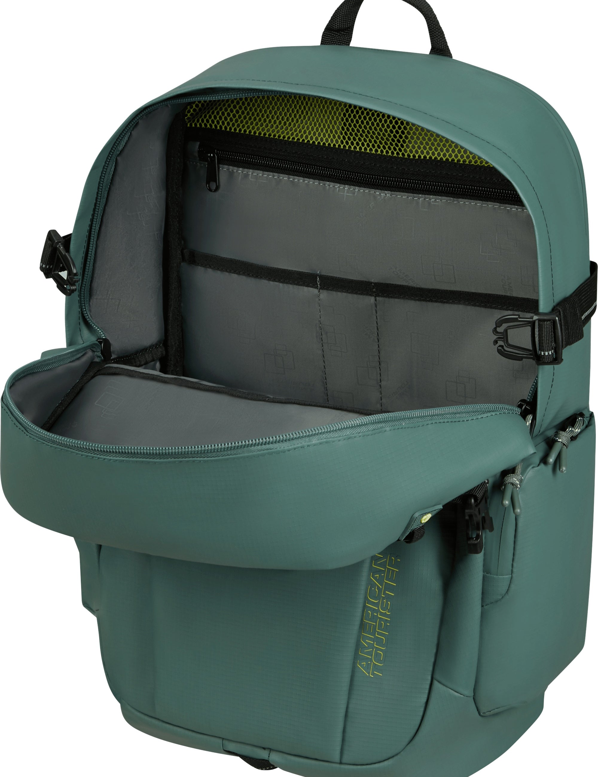 Unisex American Tourister Upventure backpack with 15.6-inch laptop compartment, black fabric, front zip pocket, and padded straps.