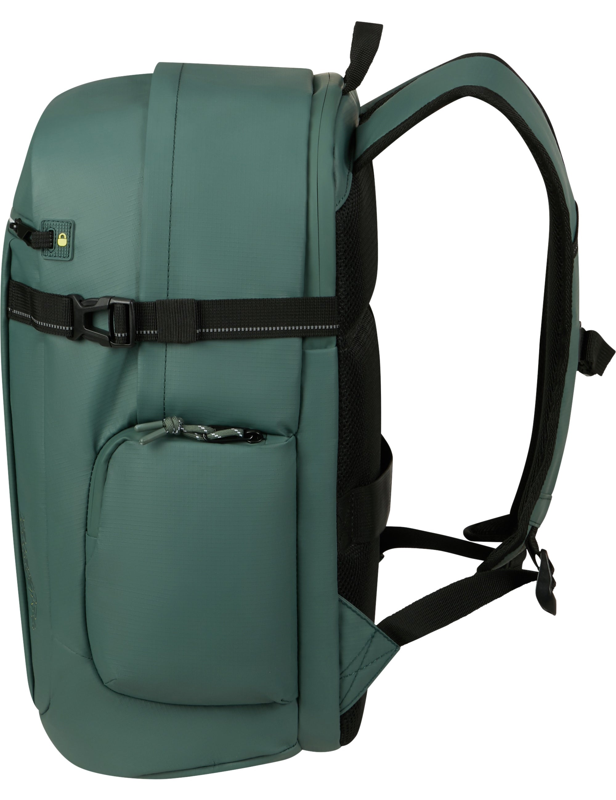 Unisex American Tourister Upventure backpack with a 15.6-inch compartment, black color, and multiple organizational pockets.