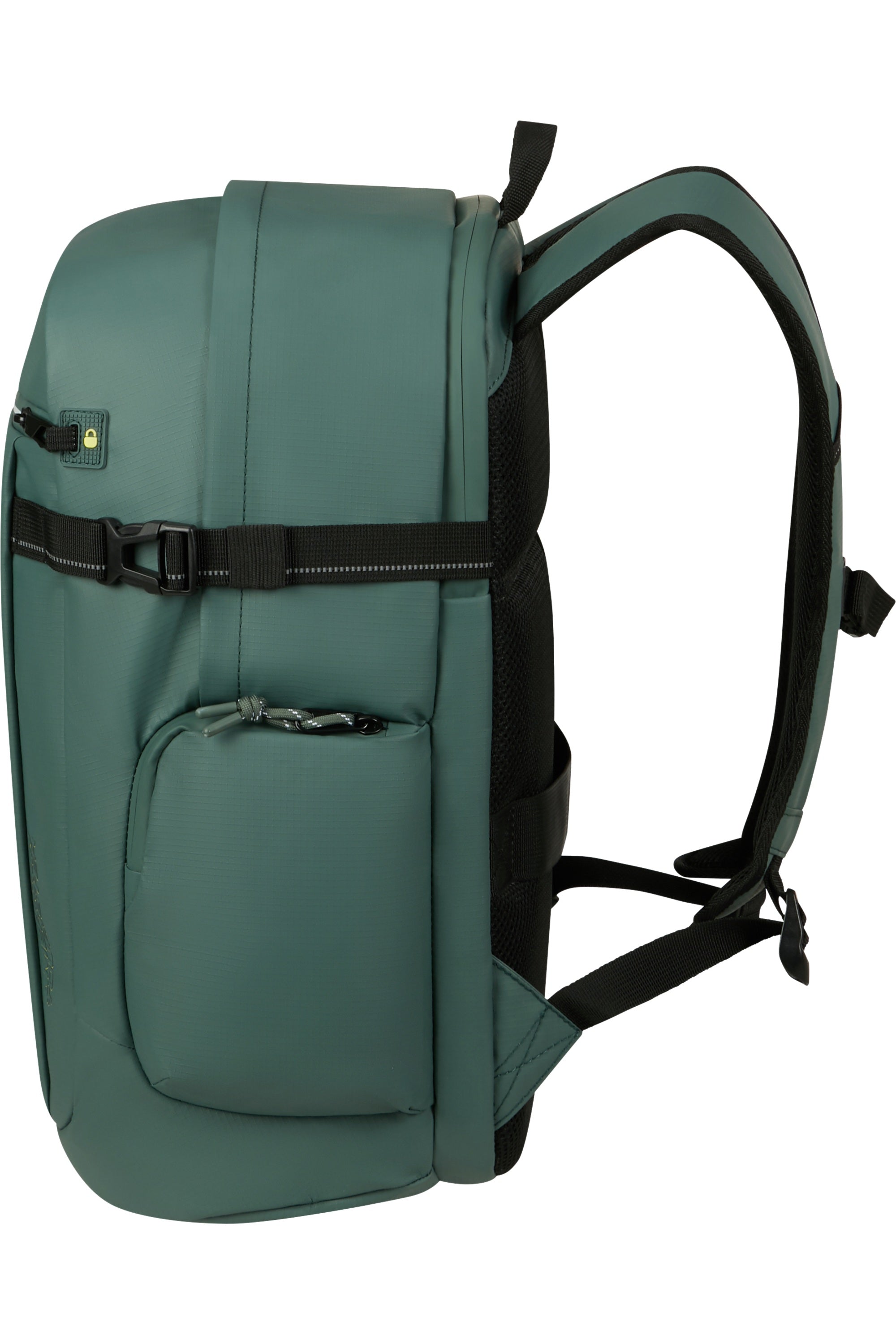 Unisex American Tourister Upventure backpack with a 15.6-inch compartment, black color, and multiple organizational pockets.