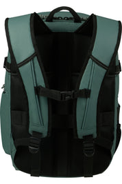 Unisex American Tourister Upventure backpack with 15.6-inch laptop compartment, black fabric, ergonomic shoulder straps, and front pocket.