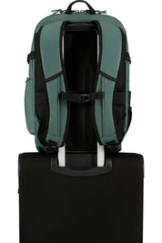 Unisex American Tourister Upventure backpack with 15.6-inch laptop compartment, black color, front zipper pockets, and adjustable straps.