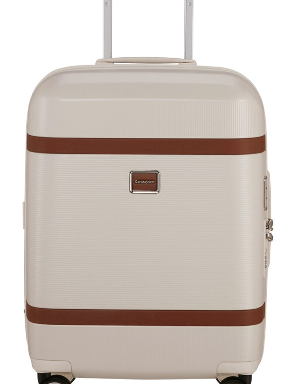 Unisex cabin trolley bag by Samsonite with durable exterior, four wheels, and retractable handle for travel convenience.