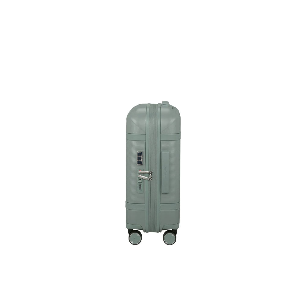 Samsonite cabin trolley bag with durable exterior, retractable handle, and four spinner wheels for easy travel.