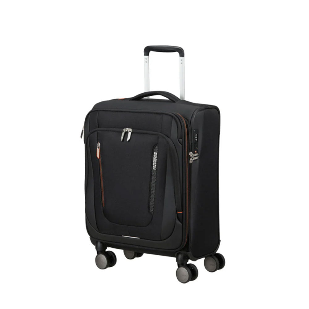 American Tourister Wanderlite Cabin Trolley, unisex travel bag with sturdy handle and spacious interior for cabin luggage.