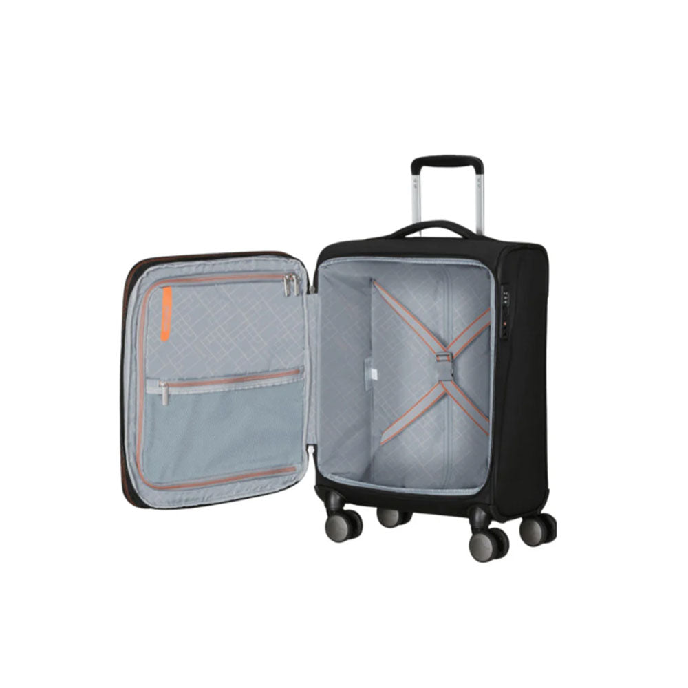 American Tourister Wanderlite Cabin Trolley in black with handle and wheels, designed for unisex travel and carry-on luggage.