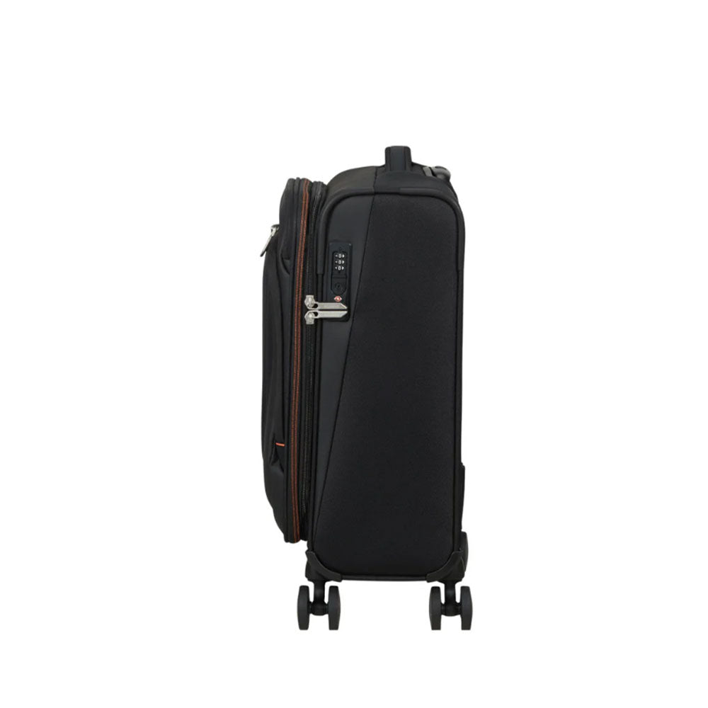 American Tourister Wanderlite Cabin Trolley with durable handle and four spinner wheels, designed for unisex carry-on travel.