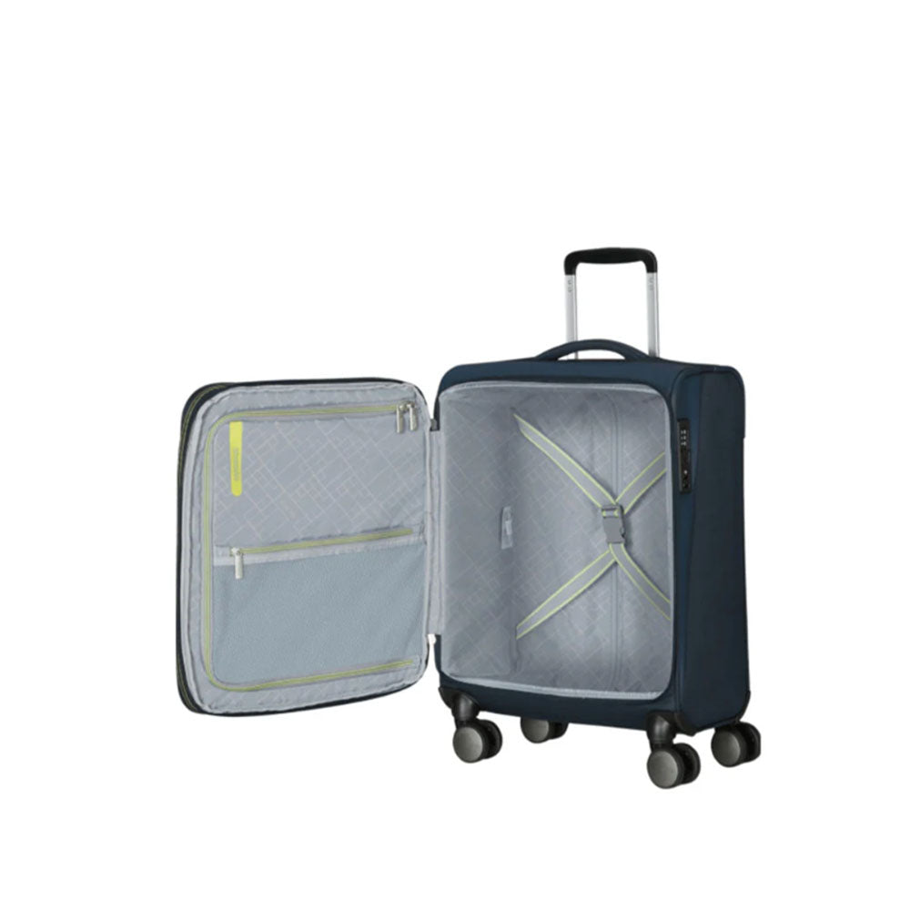 American Tourister Wanderlite Cabin Trolley, unisex travel bag with durable wheels and compact design for carry-on luggage.