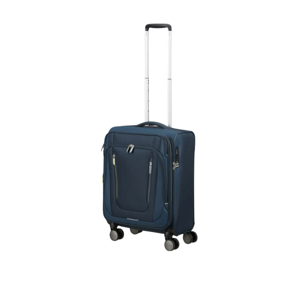 American Tourister Wanderlite Cabin Trolley in black with retractable handle and four spinner wheels for easy travel.