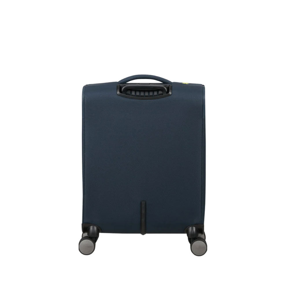 American Tourister Wanderlite Cabin Trolley in black with four spinner wheels, compact and lightweight for travel.