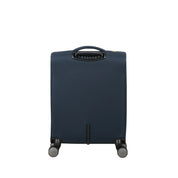 American Tourister Wanderlite Cabin Trolley in black with four spinner wheels, compact and lightweight for travel.