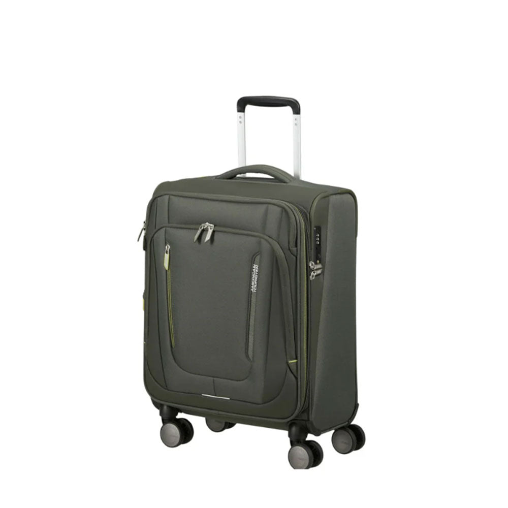 Unisex Wanderlite Cabin Trolley by American Tourister with durable black hard-shell exterior and telescopic handle for travel.