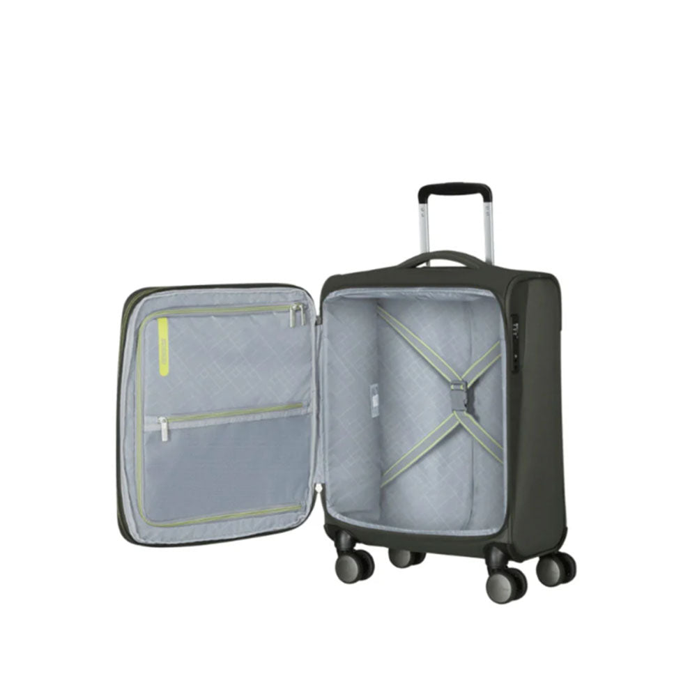American Tourister Wanderlite Cabin Trolley, unisex travel bag with sturdy handle and wheels for easy cabin luggage transport.