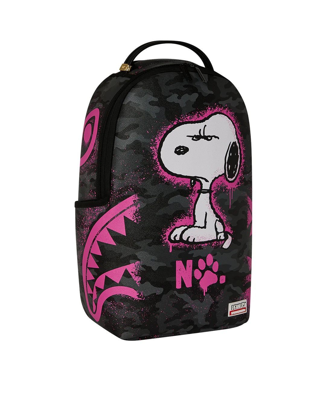 Unisex Sprayground Peanuts Snoopy Pink Stencil backpack with cartoon character design, featuring adjustable straps and front zip pocket.