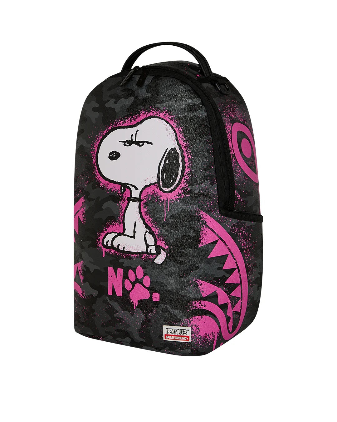 Pink Snoopy Peanuts backpack by Sprayground featuring a stencil design, unisex style, with adjustable straps and front zip pocket.