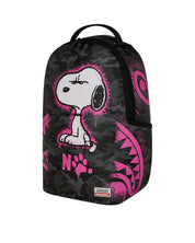 Pink Snoopy Peanuts backpack by Sprayground featuring a stencil design, unisex style, with adjustable straps and front zip pocket.