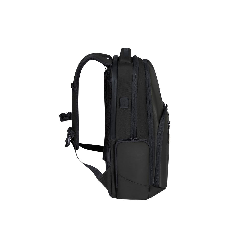 Samsonite Biz2go backpack with 15.6-inch laptop compartment, unisex design, black fabric, featuring multiple pockets and adjustable straps.