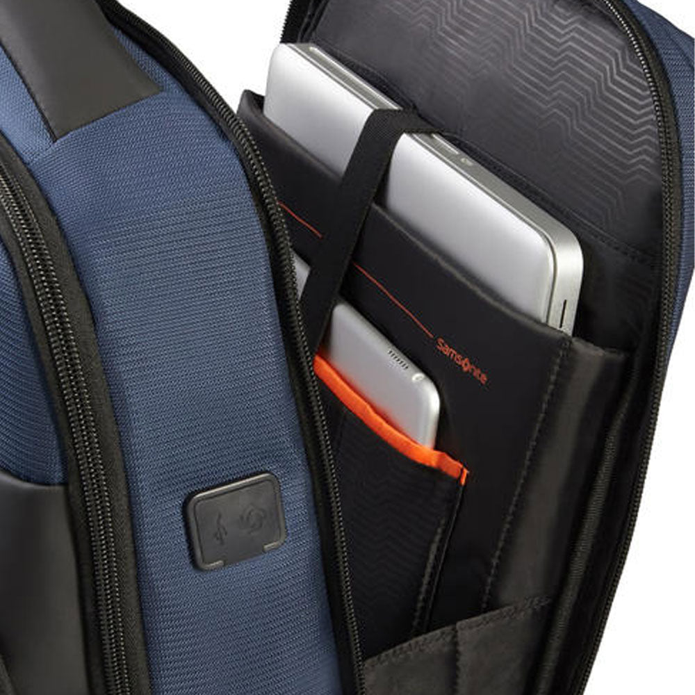 Samsonite Mysight backpack with 14.1-inch laptop compartment, unisex design, black fabric, multiple pockets for accessories.