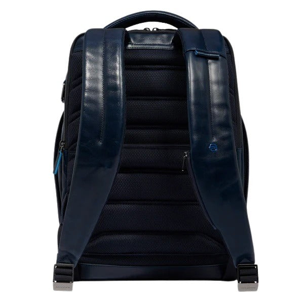 Piquadro 15.6-inch unisex PC backpack with padded compartments, black nylon material, and adjustable shoulder straps.