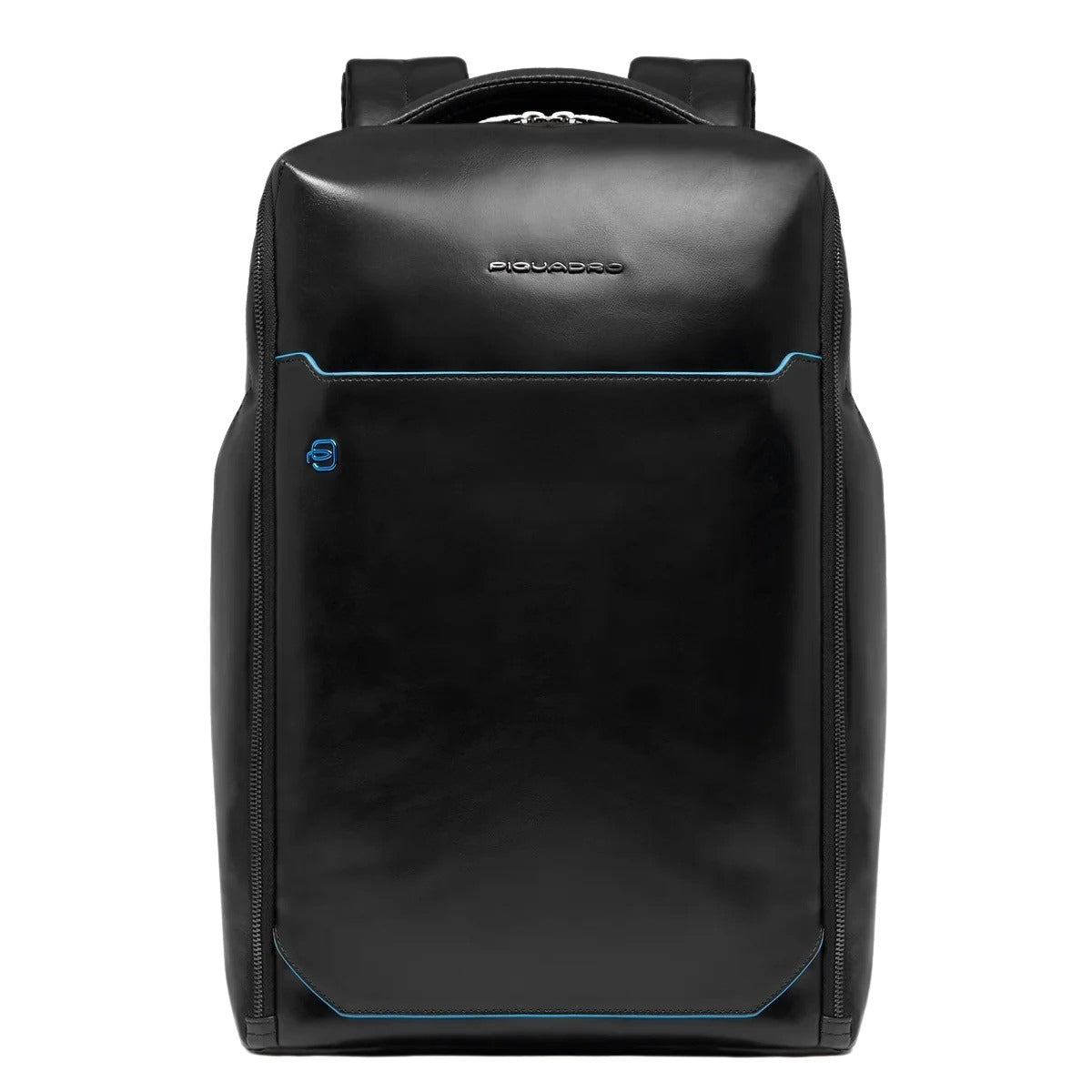 Unisex Piquadro backpack for 15.6-inch laptop, black with multiple compartments and padded shoulder straps.