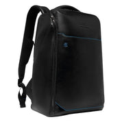 Piquadro unisex 15.6-inch laptop backpack with multiple compartments and padded straps, made of durable black material.