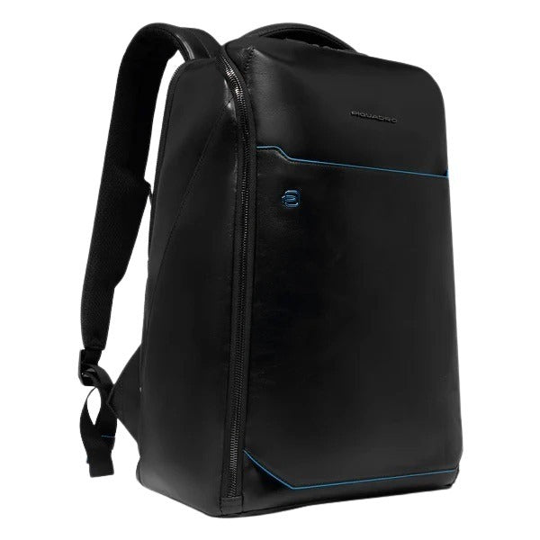 Piquadro unisex 15.6-inch laptop backpack with multiple compartments and padded straps, made of durable black material.